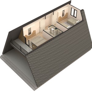 May include: A 3D rendering of a floor plan for a small, triangular house with two bedrooms, a bathroom, and a balcony. The house has a gray roof and a white interior.
