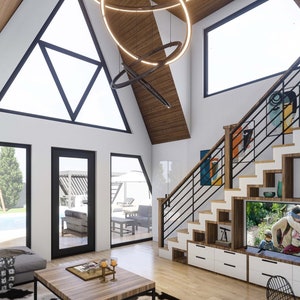 May include: A modern living room with a white and wood-paneled ceiling, a large triangular window, a gray sectional sofa, a wooden coffee table, and a white entertainment center with a built-in staircase.