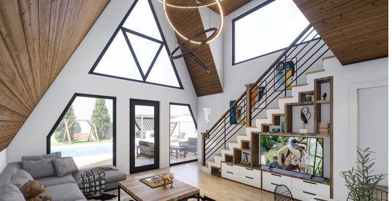 May include: A modern living room with a white and wood-paneled ceiling, a large triangular window, a gray sectional sofa, a wooden coffee table, and a white entertainment center with a built-in staircase.