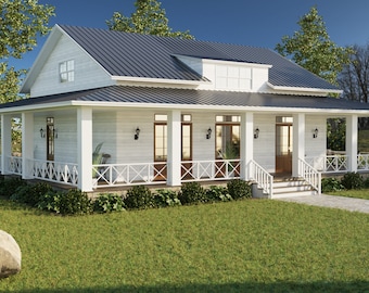May include: A white farmhouse with a black metal roof and a wraparound porch. The house has a white picket fence and a large yard with green grass.
