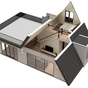 May include: A cutaway view of a modern home with a rooftop deck, a living room with a television, a bedroom with a bed, and a staircase leading to the upper level.