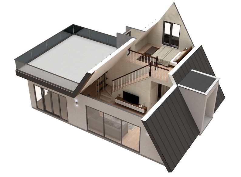 May include: A cutaway view of a modern home with a rooftop deck, a living room with a television, a bedroom with a bed, and a staircase leading to the upper level.