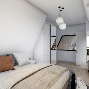May include: A white bedroom with a large bed, a white dresser, and a vanity with a mirror. The bed has a white comforter and a brown pillow. The dresser has a white top and a white door. The vanity has a white top and a white door. The mirror is rectangular and has a white frame.