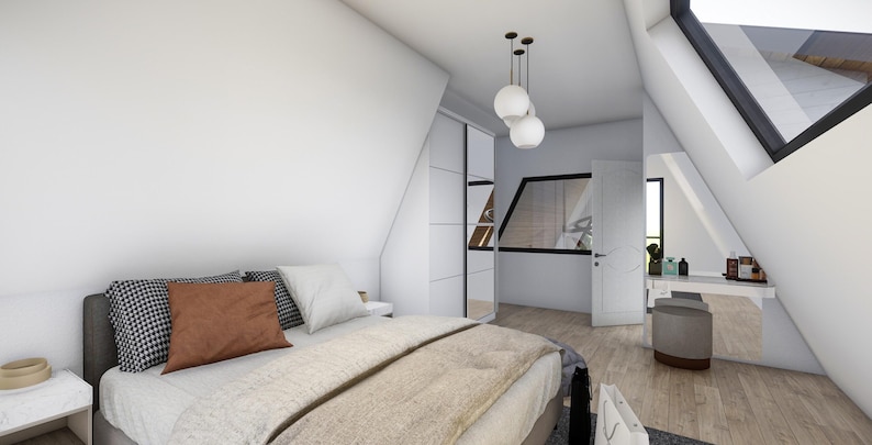 May include: A white bedroom with a large bed, a white dresser, and a vanity with a mirror. The bed has a white comforter and a brown pillow. The dresser has a white top and a white door. The vanity has a white top and a white door. The mirror is rectangular and has a white frame.