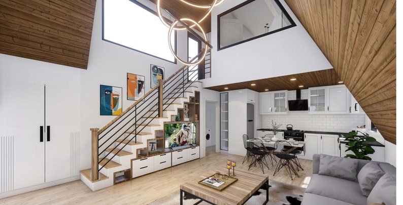 May include: A modern living room with a white and wood interior. The room features a white couch, a coffee table, a black and white rug, a staircase with a black railing, and a large window. There are several paintings on the wall, and a black and white television is mounted on the wall.