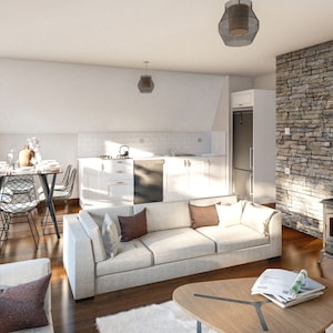 May include: A modern living room with a white couch, a wood coffee table, and a wood-burning stove with a stone surround. The room has large windows and a dining table with chairs.