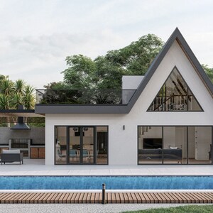 May include: A modern, white, A-frame house with a large, triangular window and a swimming pool in front. The house has a black roof and a wooden deck surrounding the pool.