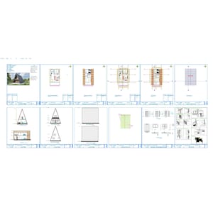 May include: Architectural plans for a small, triangular house. The plans include a front elevation, side elevation, floor plan, and details of the windows and doors. The plans are drawn in black and white with some colored details.