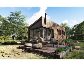 26' x 12' Tiny Home Cabin Plans, Small Farmhouse Build Plan, Blueprint