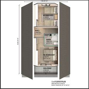 May include: A floor plan of a house with three rooms, a bathroom, a hall, and a balcony. The rooms are labeled "M.Bedroom", "Bedroom2", and "Hall". The plan shows the dimensions of each room in feet and inches.