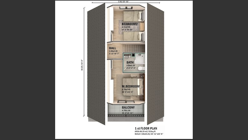 May include: A floor plan of a house with three rooms, a bathroom, a hall, and a balcony. The rooms are labeled "M.Bedroom", "Bedroom2", and "Hall". The plan shows the dimensions of each room in feet and inches.