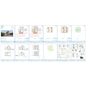 May include: Architectural blueprints for a house with a triangular roof. The plans include a front elevation, side elevation, floor plan, and roof plan. The plans are drawn in black and white with some colored details.