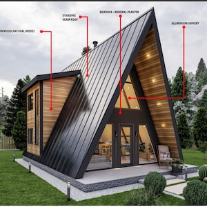 18’ x 32’ A Frame House Plans,  645 SF, 2 Stories A-Frame Tiny House Plans with 1 Bedroom, 1 Office