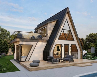 28' x 32' Modern A Frame Cabin Plans PDF,  3 Bed With Loft