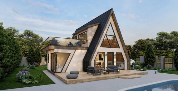 28' x 32' Modern A Frame Cabin Plans PDF,  3 Bed With Loft