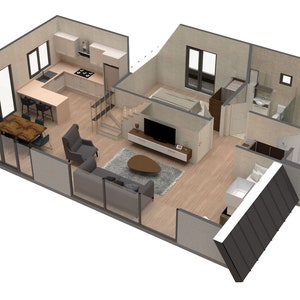 May include: A 3D rendering of a modern home floor plan with a kitchen, living room, bedroom, and bathroom. The kitchen features a white countertop, stainless steel appliances, and a breakfast bar. The living room has a large sofa, a coffee table, and a flat-screen TV. The bedroom has a bed, a nightstand, and a window. The bathroom has a toilet, a sink, and a shower.