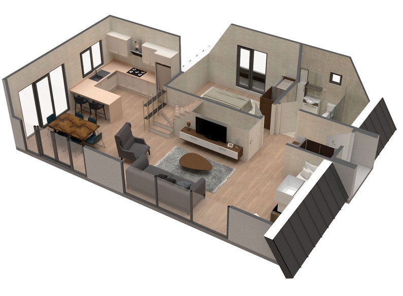 May include: A 3D rendering of a modern home floor plan with a kitchen, living room, bedroom, and bathroom. The kitchen features a white countertop, stainless steel appliances, and a breakfast bar. The living room has a large sofa, a coffee table, and a flat-screen TV. The bedroom has a bed, a nightstand, and a window. The bathroom has a toilet, a sink, and a shower.
