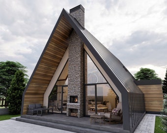 Könnte beinhalten: Ein modernes A-förmiges Haus mit einem Steinkamin und großen Fenstern. Das Haus hat eine Holzfassade und ein Metalldach.