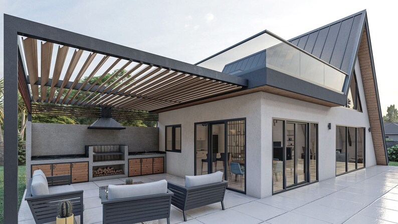 May include: A modern home with a large patio featuring a pergola, outdoor kitchen, and seating area. The home has a unique A-frame design with a large window and a glass railing on the upper level.