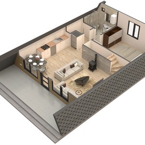 May include: A 3D floor plan of a house with a kitchen, living room, bathroom, and bedroom. The house has a large window in the bedroom and a patio outside the kitchen.