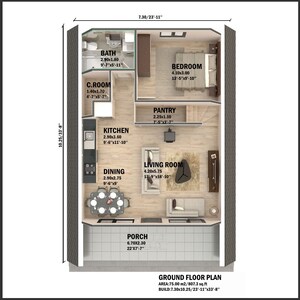 May include: A floor plan of a house with a living room, kitchen, dining room, bedroom, bathroom, pantry, and porch. The plan shows the dimensions of each room in feet and inches.