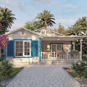 May include: A white cottage with blue shutters and a white picket fence. The cottage is surrounded by lush greenery and flowers.