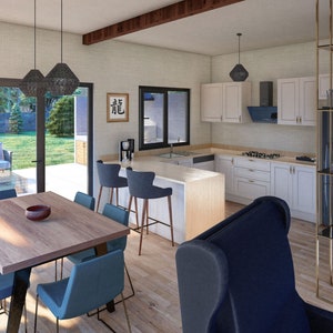 May include: A modern kitchen and dining room with white cabinets, a wood dining table with blue chairs, and a large window overlooking a backyard.