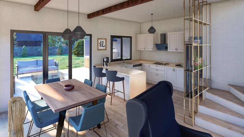 May include: A modern kitchen and dining room with white cabinets, a wood dining table with blue chairs, and a large window overlooking a backyard.