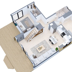 May include: A 3D floor plan of a home with a large living room, kitchen, dining room, and two bedrooms. The home has a deck on the outside.