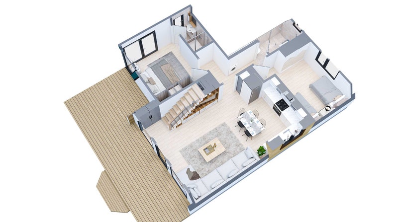 May include: A 3D floor plan of a home with a large living room, kitchen, dining room, and two bedrooms. The home has a deck on the outside.