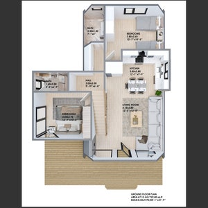 May include: A floor plan of a house with a living room, kitchen, two bedrooms, and two bathrooms. The plan shows the dimensions of each room in feet and inches. The text at the bottom of the plan reads "GROUND FLOOR PLAN AREA 47.11 METERS (507.22 SQ FT) BUILD-UP AREA FLOOR 71.97 SQ FT"