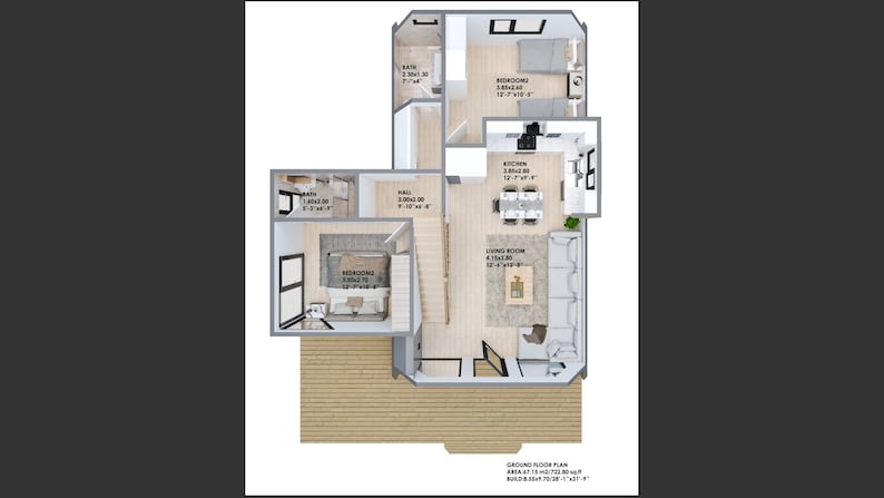 May include: A floor plan of a house with a living room, kitchen, two bedrooms, and two bathrooms. The plan shows the dimensions of each room in feet and inches. The text at the bottom of the plan reads "GROUND FLOOR PLAN AREA 47.11 METERS (507.22 SQ FT) BUILD-UP AREA FLOOR 71.97 SQ FT"