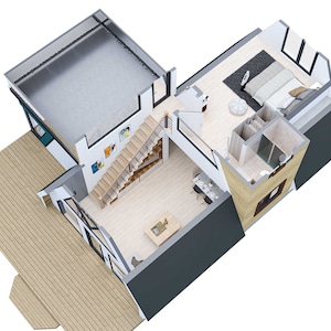 May include: A 3D model of a house with a wooden deck, a loft bedroom with a bed and a window, and a lower level with a staircase and a dining area.