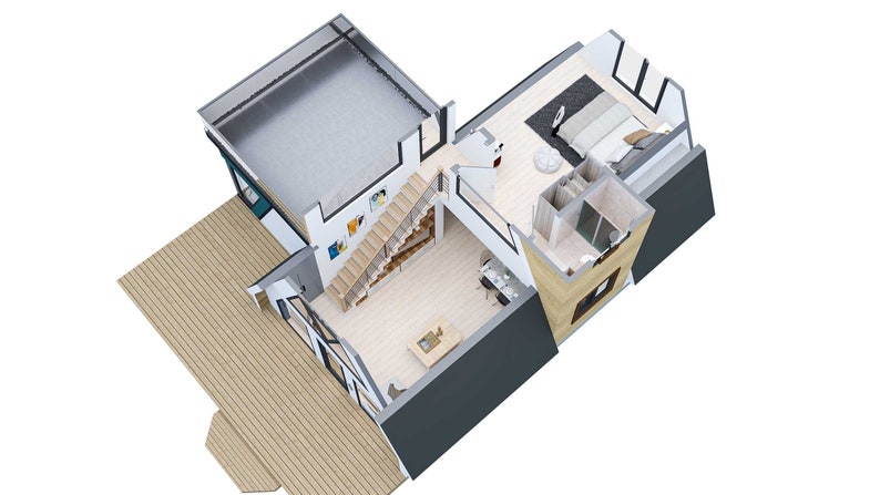 May include: A 3D model of a house with a wooden deck, a loft bedroom with a bed and a window, and a lower level with a staircase and a dining area.