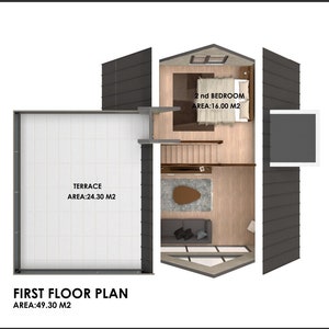 May include: Floor plan of a house with a terrace, a bedroom, and a living room. The terrace is 24.30 square meters, the bedroom is 16.00 square meters, and the living room is 49.30 square meters.