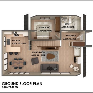 May include: A floor plan of a house with a living room, kitchen, bedroom, bathroom, and entrance. The plan shows the area of each room in square meters. The total area of the house is 94.45 square meters.