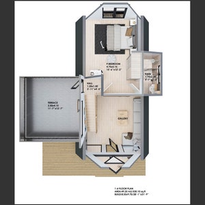 May include: Floor plan of a house with a bedroom, bathroom, hallway, and a large open space labeled "Gallery". The plan shows the dimensions of each room in feet and inches.