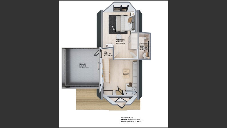 May include: Floor plan of a house with a bedroom, bathroom, hallway, and a large open space labeled "Gallery". The plan shows the dimensions of each room in feet and inches.
