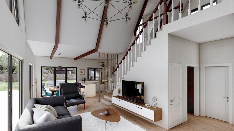 May include: A modern living room with a white and gray color scheme. The room features a large gray sectional sofa, a coffee table, a TV stand with a flat-screen TV, and a set of stairs leading to an upper level. The room has large windows that let in natural light.