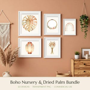 Boho Nursery Clipart Bundle Dried Palm Monstera Macrame PNG Earth Tone Watercolor