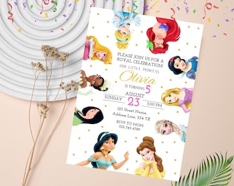 May include: A white invitation with gold stars and a pink and white banner that says "Olivia is turning 5". The invitation features images of Disney princesses, including Cinderella, Ariel, Belle, Snow White, Jasmine, Tiana, Rapunzel, and Elsa. The invitation text reads "Please join us for a royal celebration! Our little princess is turning 5. Sunday, August 23, 3:00 PM. 123 Street Name, Address Line, 234 TX. RSVP to Mom: 012-345-6789."