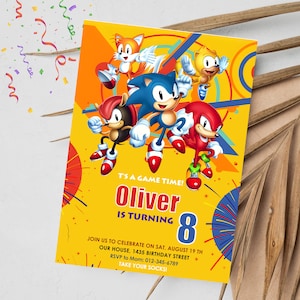 faire-part d'anniversaire sonique | Faire-part d'anniversaire de Sonic le hérisson | Toile numérique modifiable