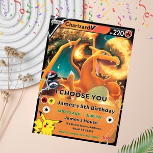 Faire-part d'anniversaire Pokémon | Invitation fête d'anniversaire carte Pokémon | Modèle numérique modifiable et personnalisé | Carte d'invitation Dracaufeu