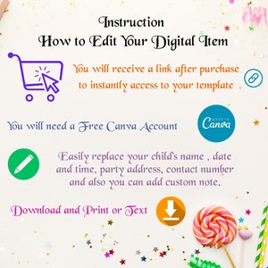 May include: A white background with colorful confetti and a shopping cart icon with a cursor. The text "Instruction How to Edit Your Digital Item" is at the top of the image. The text "You will receive a link after purchase to instantly access to your template" is below the shopping cart icon. The text "You will need a Free Canva Account" is below the previous text. The text "Easily replace your child's name, date and time, party address, contact number and also you can add custom note." is below the previous text. The text "Download and Print or Text" is below the previous text. A download icon is below the text. A lollipop and straws are in the bottom right corner of the image.