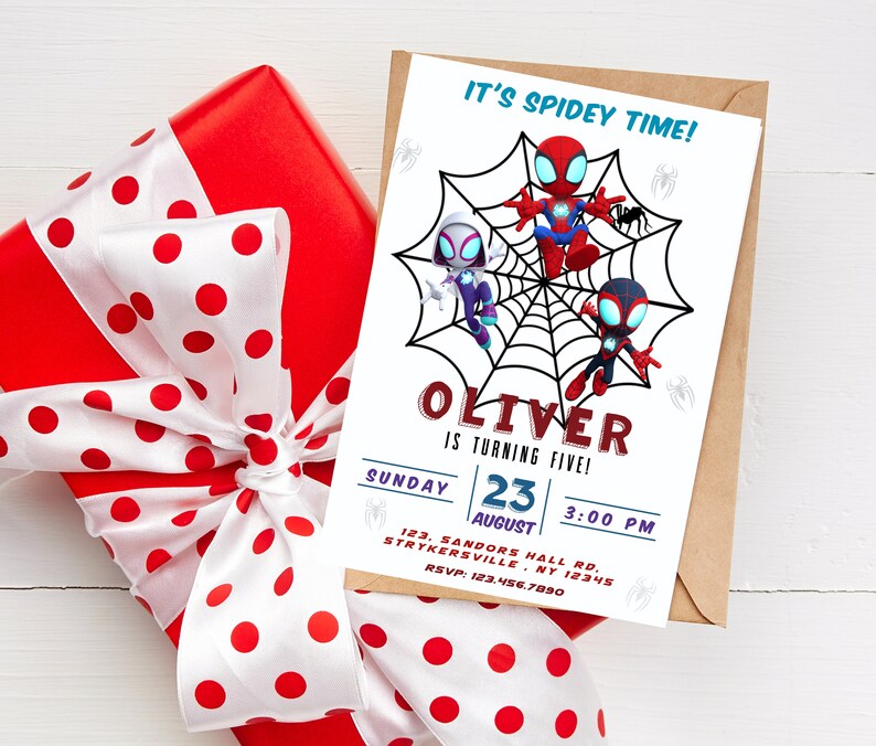 May include: A Spiderman-themed birthday party invitation with a red, blue, and black cartoon Spiderman character on a web. The invitation says "It's Spidey Time!" and "Oliver is turning five!" with a date and time of Sunday, August 23rd at 3:00 PM. The invitation also includes an address and RSVP information.
