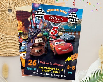May include: A Cars-themed birthday party invitation with a red, yellow, and blue color scheme. The invitation features a cartoon image of Lightning McQueen and Mater from the Disney Pixar movie Cars. The text on the invitation reads "Speed on Over! Oliver is turning 5" and includes details about the party, such as the date, time, and location.