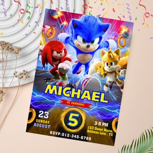 Sonic the Hedgehog-verjaardagsuitnodiging | Sonic, Knuckle and Tails-uitnodiging voor verjaardagsfeestje | Bewerkbare sonische uitnodiging