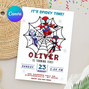 May include: A birthday invitation featuring three cartoon Spider-Man characters on a web. The invitation is for Oliver's 5th birthday party on August 23rd at 3:00 PM. The address is 123 Sandors Hall Rd, Strykersville, NY 12345. The RSVP number is 123.456.7890.