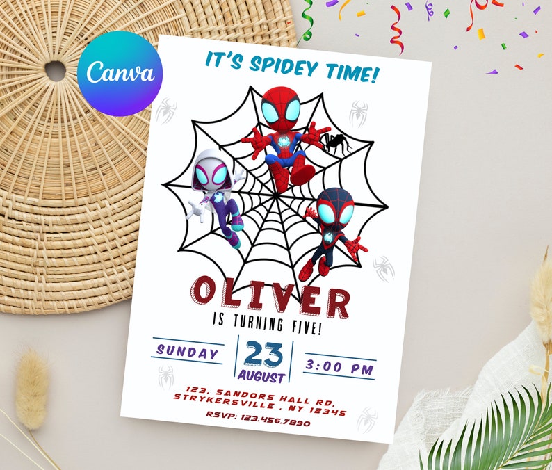 May include: A birthday invitation featuring three cartoon Spider-Man characters on a web. The invitation is for Oliver's 5th birthday party on August 23rd at 3:00 PM. The address is 123 Sandors Hall Rd, Strykersville, NY 12345. The RSVP number is 123.456.7890.