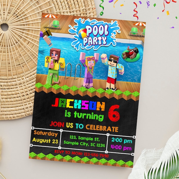 Minecraft Pool Party Geburtstagseinladung | Kindergeburtstag Einladung | Minecrafter Waterslide Party Template | Bearbeitbar und personalisiert